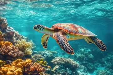 Fototapeta premium A beautiful sea turtle swimming in the vibrant underwater environment