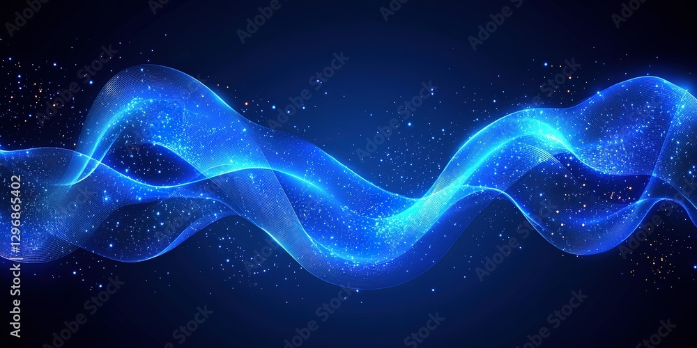 Poster swirling blue waves with sparkling particles create a mesmerizing visual effect in a dark background