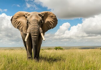 Naklejka premium Majestic Elephant Stands Proudly in Open Grassland Under Bright Sky with Fluffy Clouds in Natural Habitat