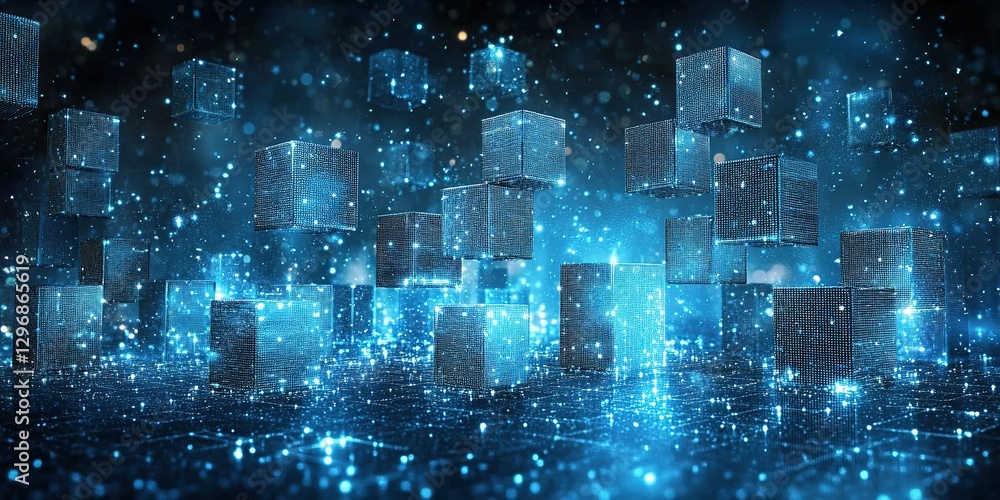 Poster digital cubes float in a glowing blue environment creating a futuristic landscape during a high-tech