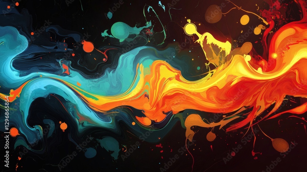 Sticker abstract fluid colorful forms spread across a dark background gracefully