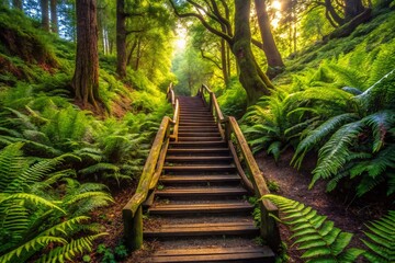 Obraz premium Surreal Dipsea Trail Staircase: Lush Ferns & Endless Steps in Marin County