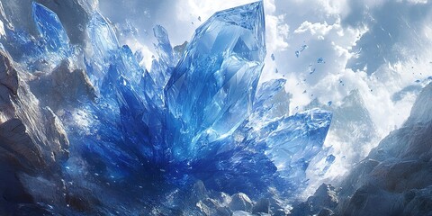 Obraz premium Vibrant blue crystal formation emerging from rocky terrain under a bright sky