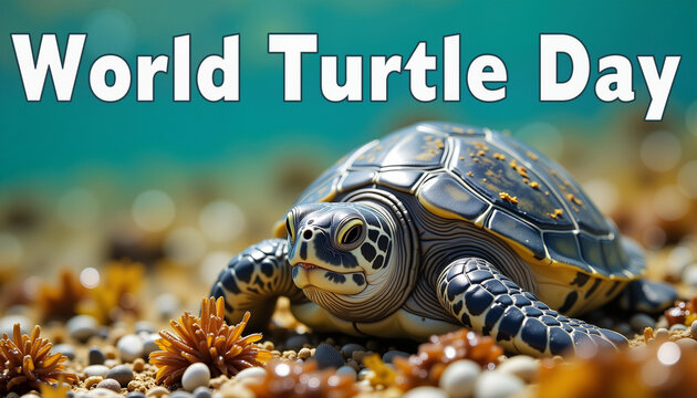 Sea turtle celebrating World Turtle Day on sandy beach