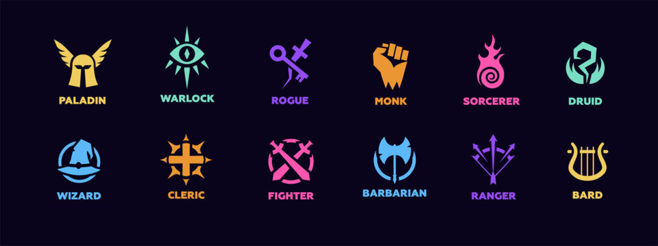 A collection of twelve vibrant fantasy character class symbols each with its own unique design.
