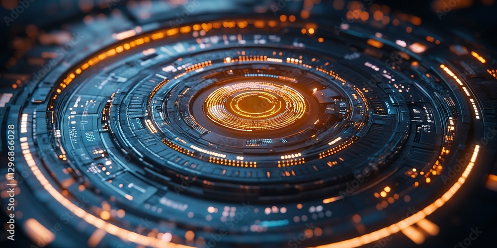 Poster circular circuit design featuring glowing elements in a futuristic environment