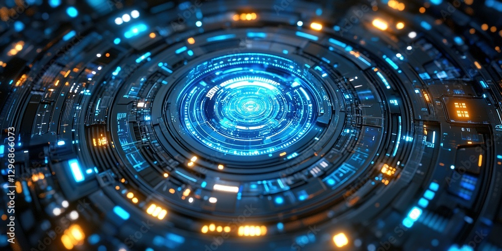 Poster futuristic circular design featuring glowing blue and orange lights with intricate patterns and digi