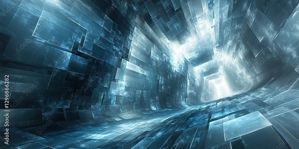Poster exploring a futuristic digital tunnel with striking geometric patterns and glowing light at the end
