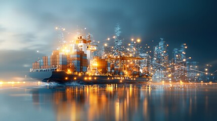 Fototapeta premium Massive container ship navigates urban waterfront at dusk stunning maritime scene industrial environment dynamic cityscape viewpoint transportation and trade concept