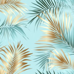 Obraz premium Tropical palm leaves pattern, light teal and gold, abstract background. Possible use wallpaper, fabric, packaging design
