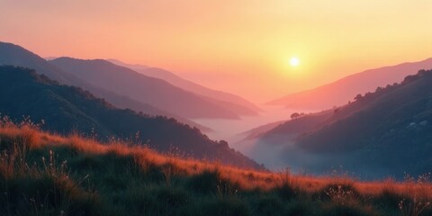 Obraz premium Serene Sunrise Over Misty Mountain Valley, Illuminating Rolling Hills with Golden Light
