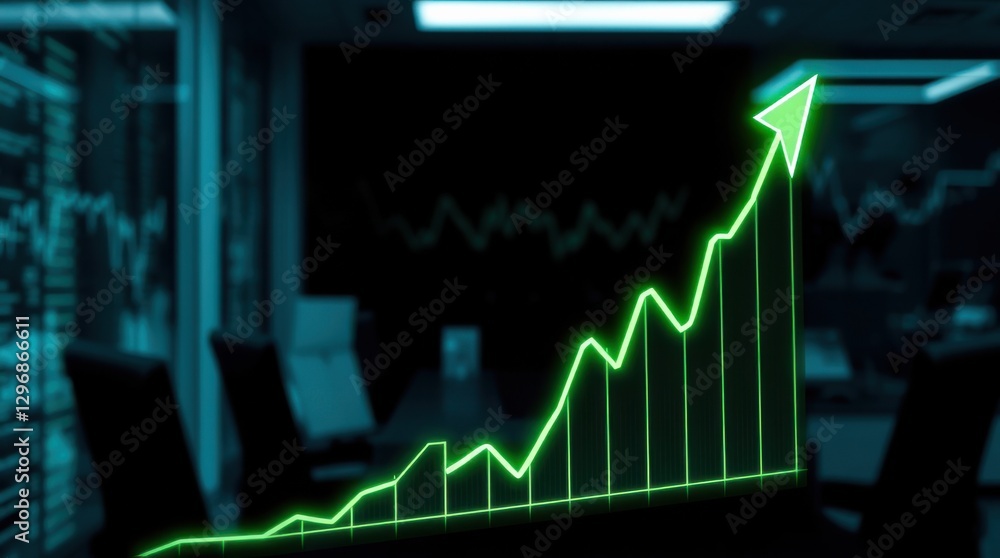 Aufkleber uptrending chart in a boardroom signifies growth and financial success with data visuals in backgrou
