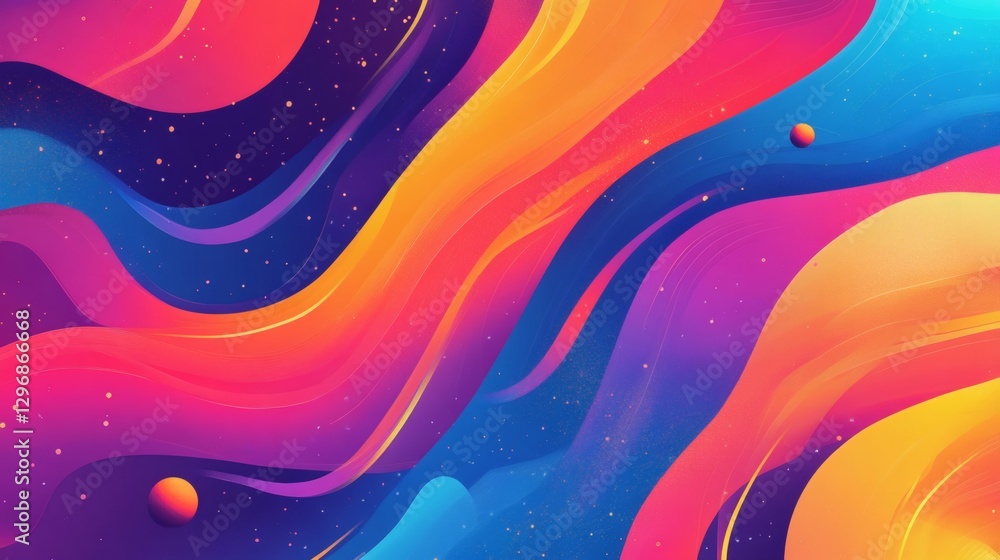 Wall mural abstract fluid flowing colorful layers with floating celestial bodies