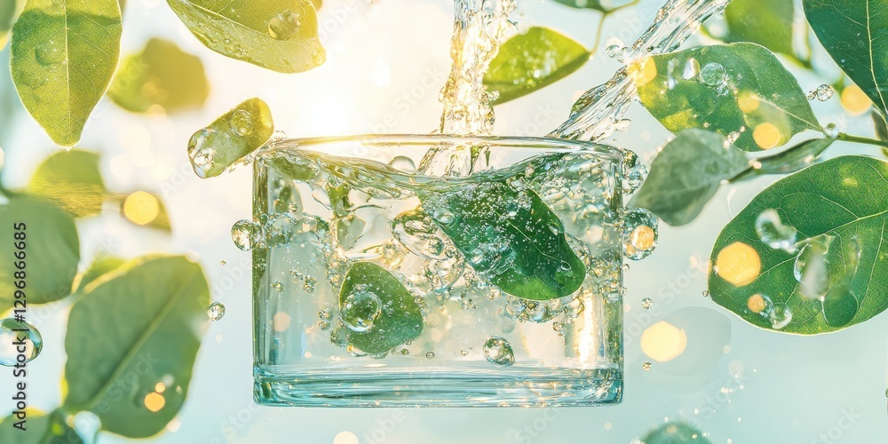 Poster refreshing water splashing with leaves in a glass nature setting vibrant environment dynamic viewpoi