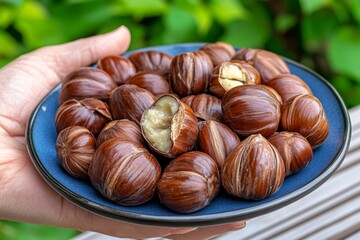 Obraz premium A warm plate of freshly roasted chestnuts being cracked open