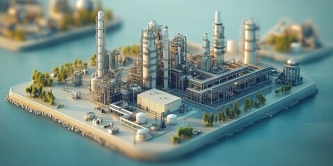Obraz premium Industrial complex with tall structures, pipelines, and storage tanks on an island surrounded by water