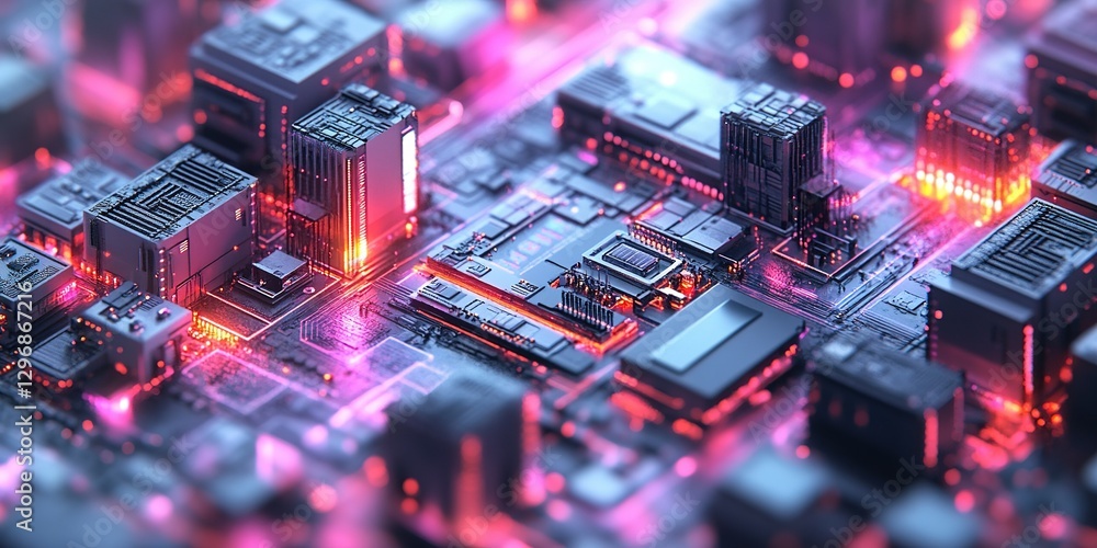 Poster advanced technology circuit board illuminated in vibrant colors showcasing modern electronics and in