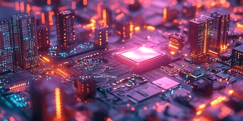 Vibrant cityscape with glowing circuit board details at night showcasing advanced technology in a futuristic setting