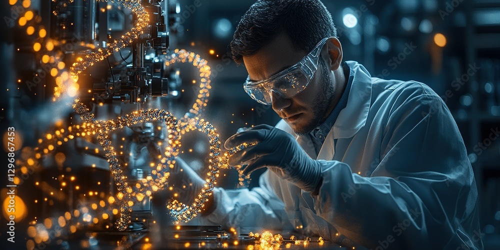 Poster scientist working on advanced technology in a laboratory setting during nighttime hours with glowing