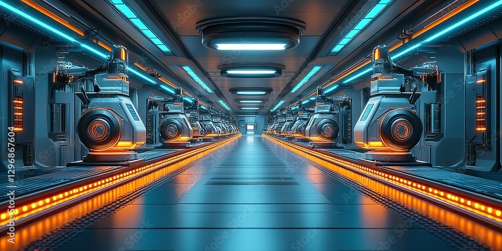 Poster futuristic conveyor belt in a high-tech facility with robotic machines and illuminated pathways