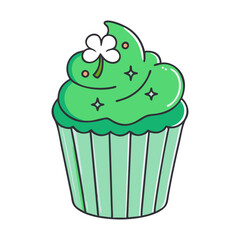 Green Cupcake with Shamrock and Stars, A playful green cupcake with shamrock and star decorations, perfect for St. Patrick's Day or festive celebrations.
