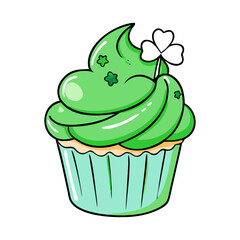 Green Cupcake with Shamrock and Stars, A playful green cupcake with shamrock and star decorations, perfect for St. Patrick's Day or festive celebrations.
