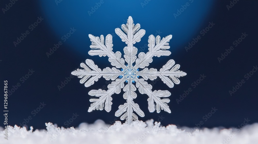 Poster a delicate snowflake rests on a soft surface, illuminated against a deep blue backdrop, showcasing i