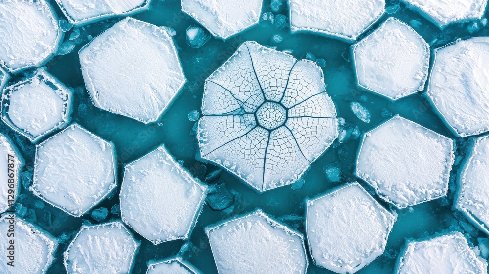 Poster a stunning aerial view of intricately patterned ice crystals forming unique hexagonal shapes on a bl