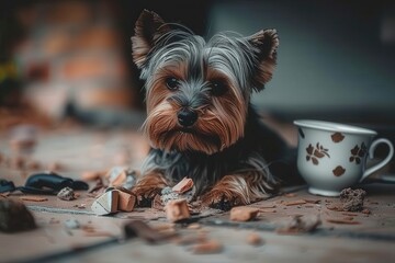 A cute Yorkshire Terrier rests on a rug, surrounded by scattered crumbs, next to a decorative cup, capturing a cozy moment at home.