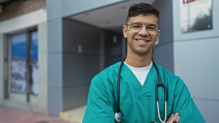 Young hispanic man smiling outdoors in urban street setting wearing medical uniform with...