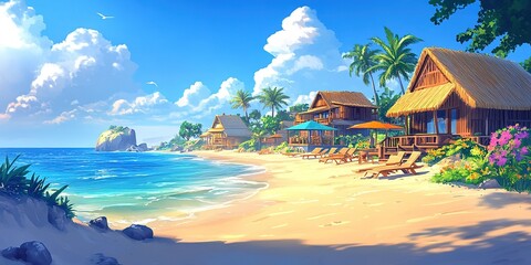 Naklejka premium Tropical beach resort with palm trees, colorful umbrellas, and beach chairs under a clear sky