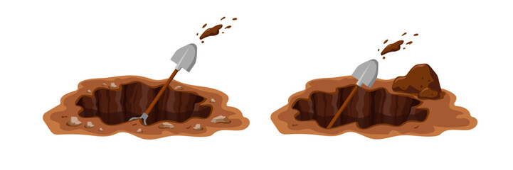 Two shovels stuck in dirt beside rocks and deep holes, symbolizing outdoor digging work.