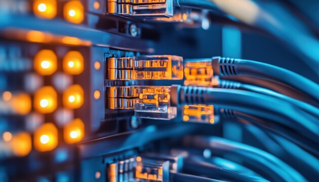 Connecting Fiber Optic Cables To Optic Ports And Utp Network Cables To Ethernet Ports For Efficient Data Transmission.