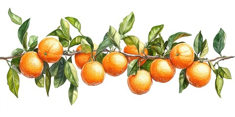 Fresh oranges on a branch surrounded by green leaves in a natural setting