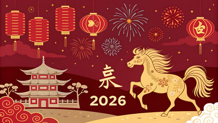 Chinese new year 2026 year of the horse with red background 