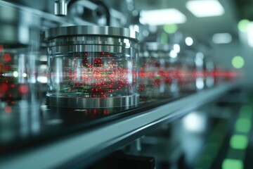 High-tech laboratory scene showcasing glass containers with glow