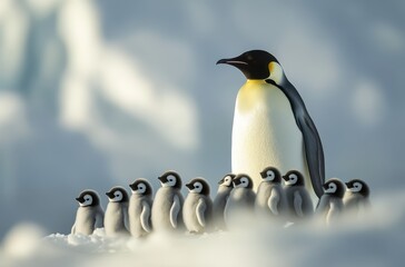 Obraz premium Majestic Emperor Penguin Standing Proudly with Adorable Chicks Surrounded by Ice and Snow in a Beautiful Arctic Landscape