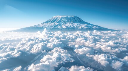 Majestic Snow-Capped Mountain Peak Rising Above Soft White Clouds Under Clear Blue Sky
