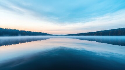 Obraz premium A serene lake reflecting the sky at dawn, surrounded by trees, creating a tranquil and picturesque landscape.