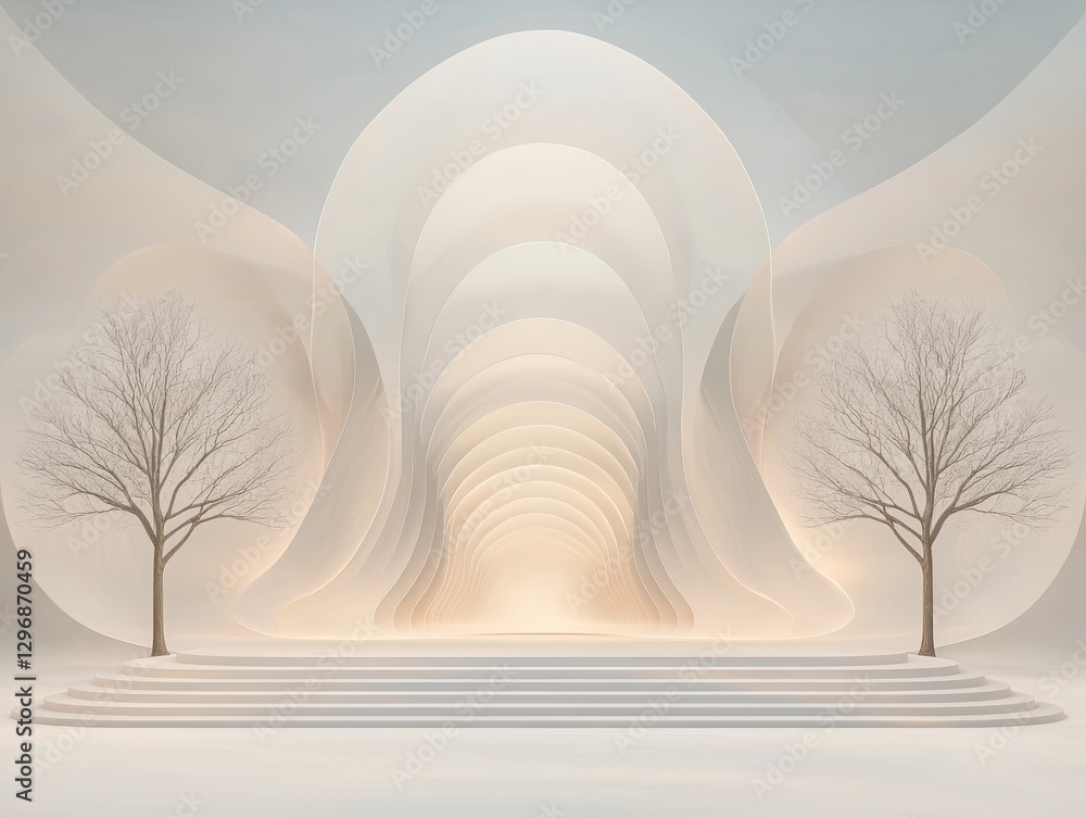 Poster serene abstract scene with trees minimalist design modern architecture peaceful environment wide vie