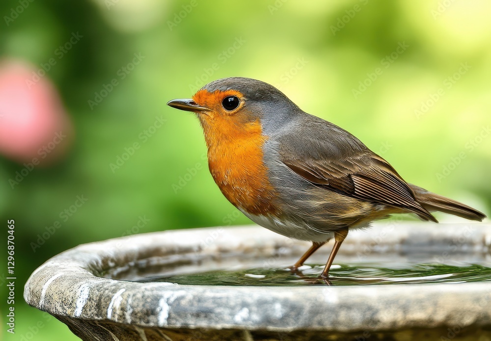 Poster close-up view of a vibrant robin bird enjoying a water bath in a tranquil garden setting with soft n