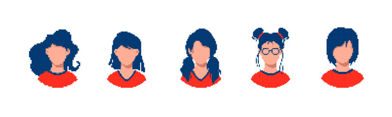 Cartoon faces in pixel art show various hairstyles and features, highlighting diverse appearances.