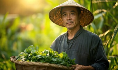 Farmer harvesting greens, Asian field, sunset, agriculture