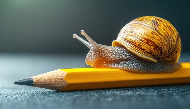 Symbol Of Slow Progress And Procrastination In Business Strategy And Planning: Snail Shaped Pencil As Metaphor For Delays And Reform.