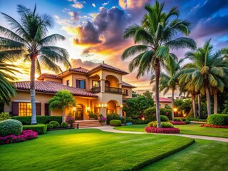 Surreal Luxury Resort: Palm Trees, Green Lawn, Dream Home Escape