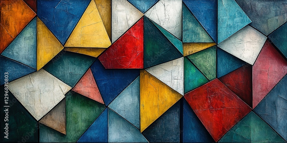Poster abstract geometric artwork featuring bold colors and dynamic shapes created on a textured surface