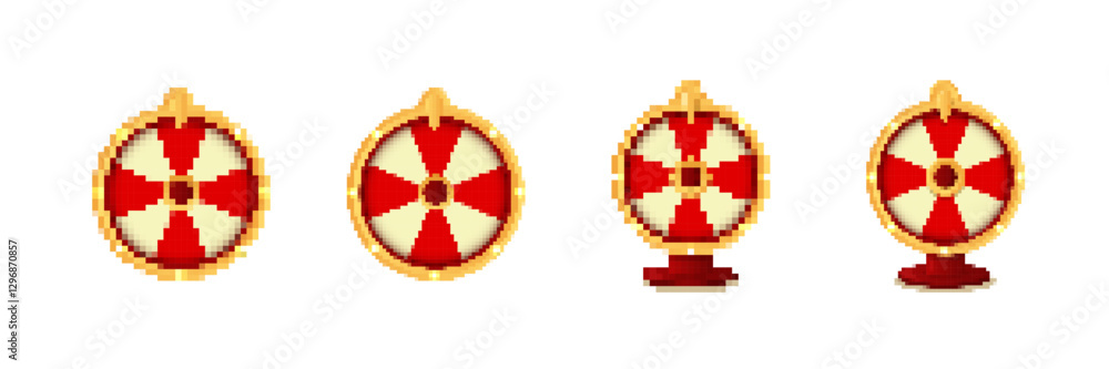 Poster four red and white pixel shields depicted from different rotations showcasing a simplistic design.