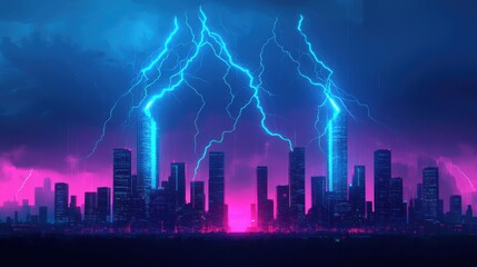 A vibrant city skyline illuminated by neon colors, with electric blue lightning striking against a dramatic purple sky.