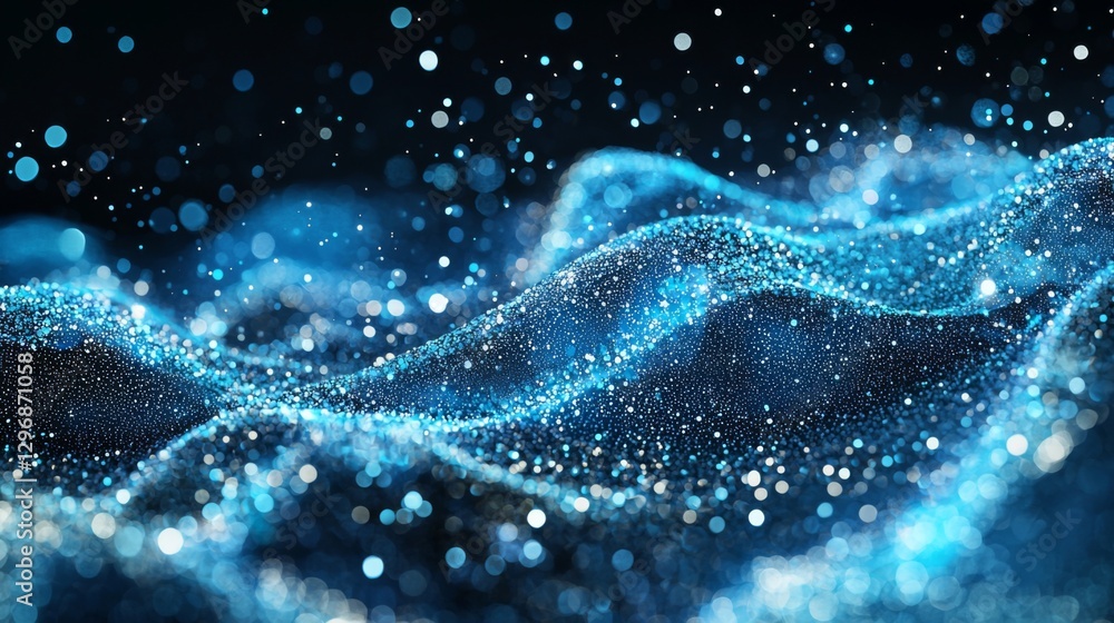 Poster abstract blue waves with glittering particles in a dark background for modern design and artistic co