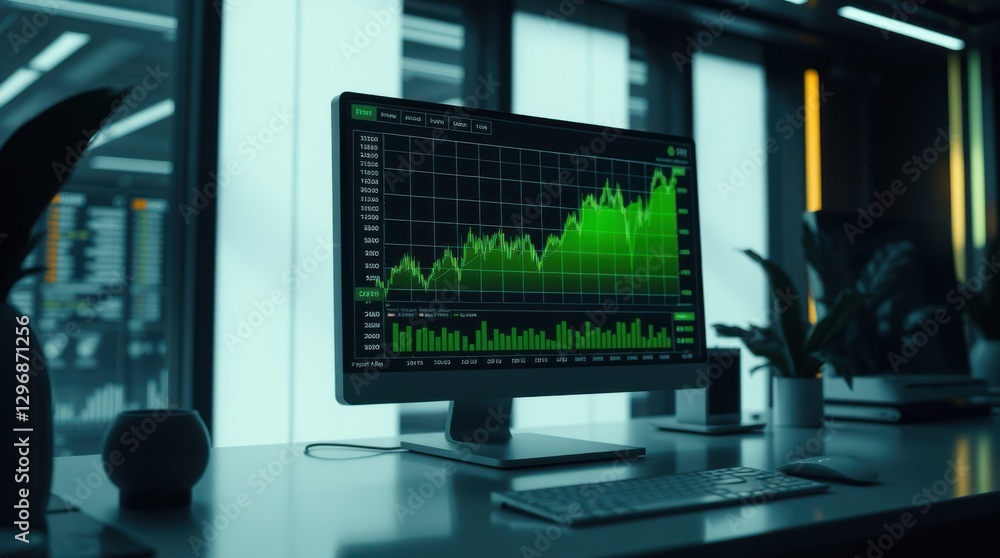 Poster a financial chart displays a rising trend on a computer monitor. the office workspace is modern and 
